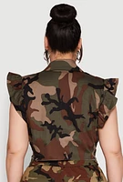 Womens Plus Size Flutter Sleeve Camo Cropped Jacket, Green, Size 3X