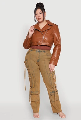 Womens Plus Daisy Faux Leather Belted Moto Jacket, 2X