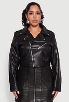 Womens Plus Size Daisy Faux Leather Cropped Moto Jacket, Black, Size 3X