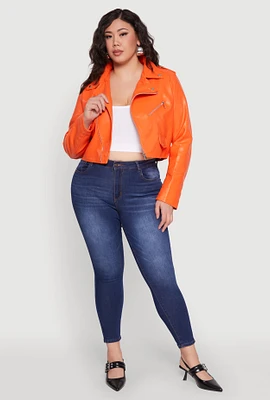 Womens Plus Size Daisy Faux Leather Cropped Moto Jacket, Orange, Size 2X