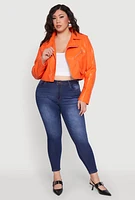Womens Plus Size Daisy Faux Leather Cropped Moto Jacket, Orange, Size 2X