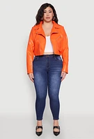 Womens Plus Size Daisy Faux Leather Cropped Moto Jacket, Orange, Size 2X
