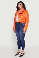 Womens Plus Size Daisy Faux Leather Cropped Moto Jacket, Orange, Size 2X