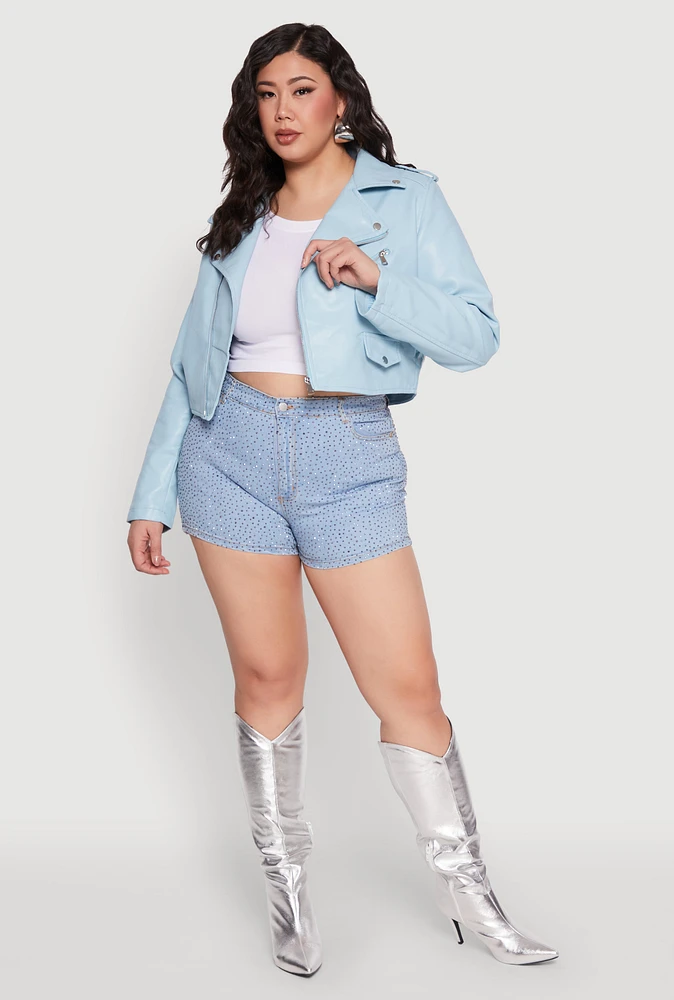 Womens Plus Size Daisy Faux Leather Cropped Moto Jacket, Blue, Size 3X