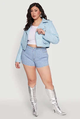 Womens Plus Size Daisy Faux Leather Cropped Moto Jacket, Blue, Size 3X