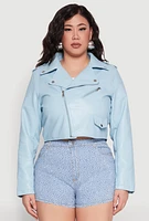 Womens Plus Size Daisy Faux Leather Cropped Moto Jacket, Blue, Size 3X