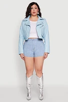 Womens Plus Size Daisy Faux Leather Cropped Moto Jacket, Blue, Size 3X