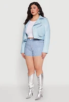 Womens Plus Size Daisy Faux Leather Cropped Moto Jacket, Blue, Size 3X