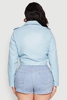 Womens Plus Size Daisy Faux Leather Cropped Moto Jacket, Blue, Size 3X