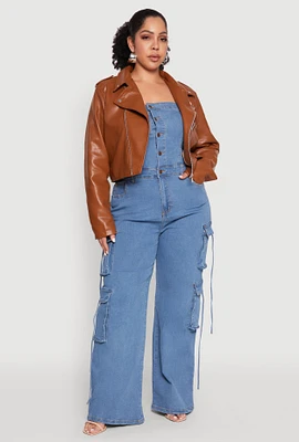 Womens Plus Size Daisy Faux Leather Cropped Moto Jacket, Brown, Size 1X