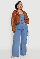 Womens Plus Size Daisy Faux Leather Cropped Moto Jacket, Brown, Size 1X