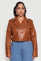 Womens Plus Size Daisy Faux Leather Cropped Moto Jacket, Brown, Size 1X