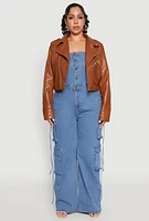Womens Plus Size Daisy Faux Leather Cropped Moto Jacket, Brown, Size 1X