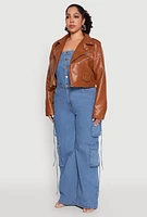 Womens Plus Size Daisy Faux Leather Cropped Moto Jacket, Brown, Size 1X