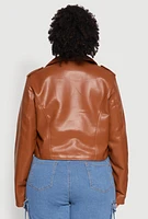 Womens Plus Size Daisy Faux Leather Cropped Moto Jacket, Brown, Size 1X