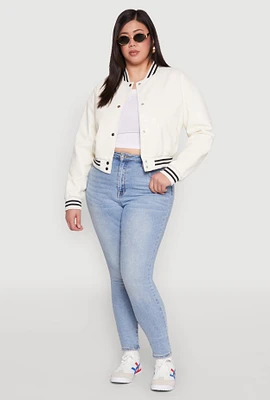 Womens Plus Size Daisy Faux Leather Varsity Jacket, White, Size 3X
