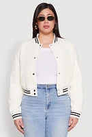 Womens Plus Size Daisy Faux Leather Varsity Jacket, White, Size 3X