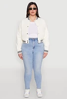 Womens Plus Size Daisy Faux Leather Varsity Jacket, White, Size 3X