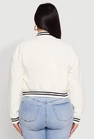 Womens Plus Size Daisy Faux Leather Varsity Jacket, White, Size 3X