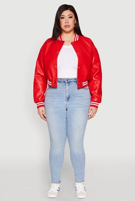 Womens Plus Daisy Faux Leather Varsity Jacket, 3X