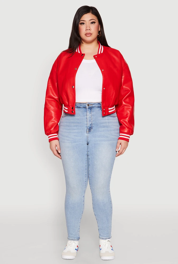Womens Plus Daisy Faux Leather Varsity Jacket,