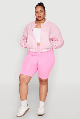 Womens Plus Size Daisy Faux Leather Varsity Jacket, Pink, Size 3X