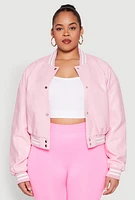 Womens Plus Size Daisy Faux Leather Varsity Jacket, Pink, Size 1X
