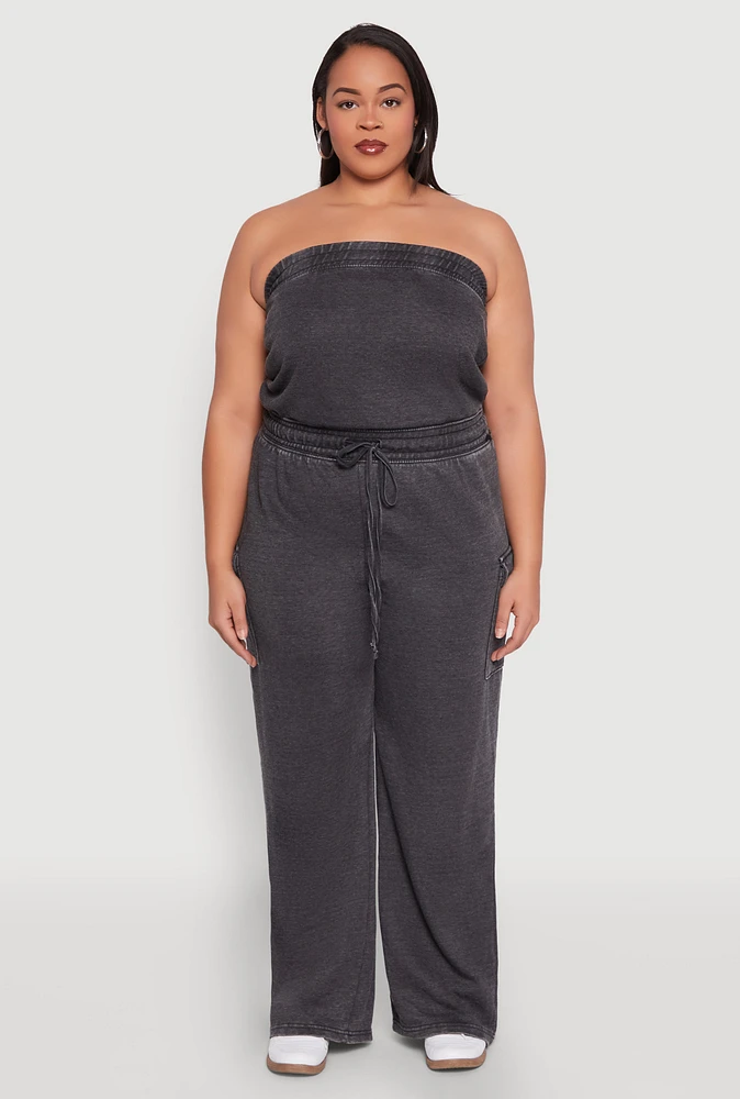 Womens Plus Mineral Wash Cargo Pocket Jumpsuit, Grey,