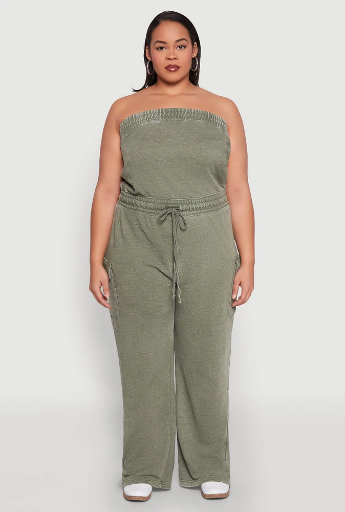 Womens Plus Size Mineral Wash Cargo Pocket Jumpsuit, Green, Size 2X