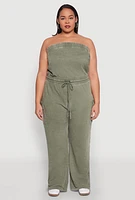 Womens Plus Size Mineral Wash Cargo Pocket Jumpsuit, Green, Size 1X