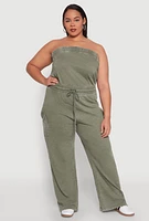 Womens Plus Size Mineral Wash Cargo Pocket Jumpsuit, Green, Size 1X