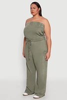 Womens Plus Size Mineral Wash Cargo Pocket Jumpsuit, Green, Size 1X