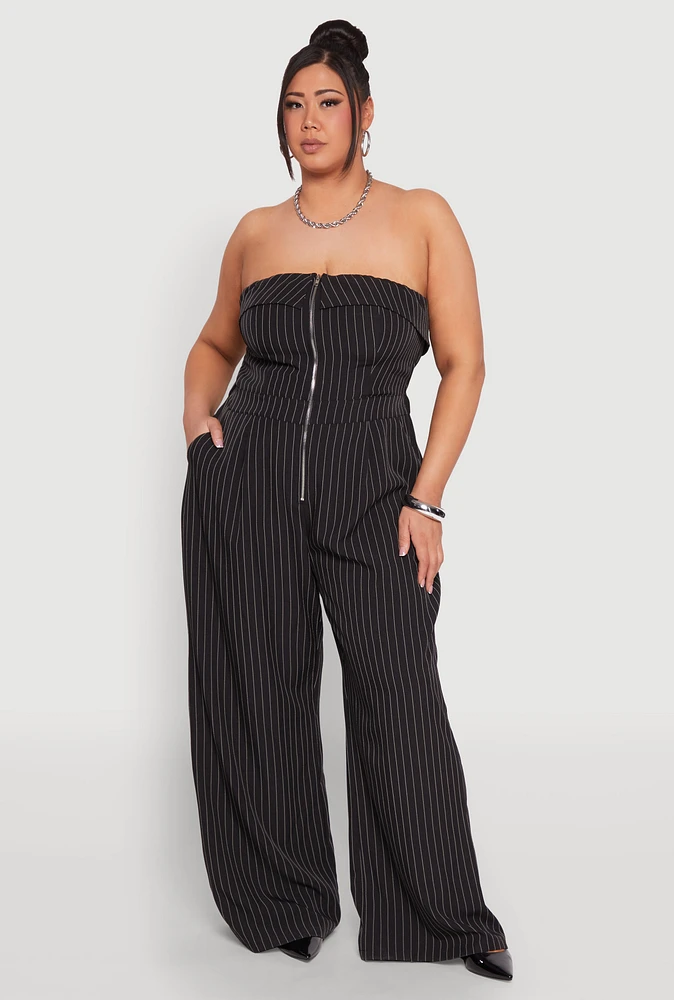 Womens Plus Pinstripe Zip Front Jumpsuit, Black,