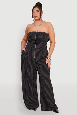 Womens Plus Pinstripe Zip Front Jumpsuit, Black,