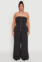 Womens Plus Pinstripe Zip Front Jumpsuit, Black,