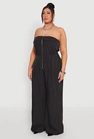 Womens Plus Pinstripe Zip Front Jumpsuit, Black,