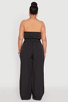 Womens Plus Pinstripe Zip Front Jumpsuit, Black,