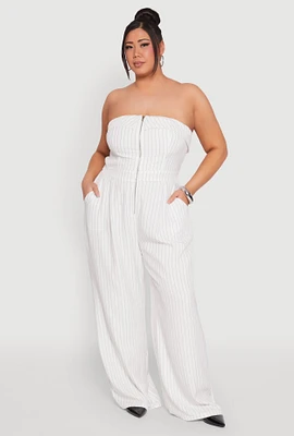 Womens Plus Pinstripe Zip Front Jumpsuit, White,