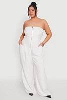 Womens Plus Pinstripe Zip Front Jumpsuit, White,