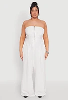 Womens Plus Pinstripe Zip Front Jumpsuit, White,