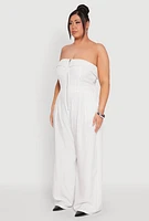 Womens Plus Pinstripe Zip Front Jumpsuit, White,