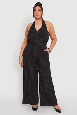 Womens Plus Size Pinstripe Halter Wide Leg Jumpsuit, Black, Size 1X