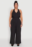 Womens Plus Size Pinstripe Halter Wide Leg Jumpsuit, Black, Size 1X