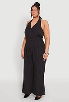 Womens Plus Size Pinstripe Halter Wide Leg Jumpsuit, Black, Size 1X