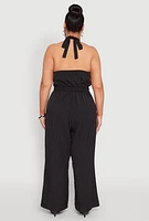 Womens Plus Size Pinstripe Halter Wide Leg Jumpsuit, Black, Size 1X