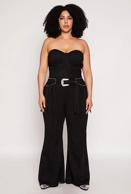 Womens Plus Size Faux Suede Western Buckle Fringe Jumpsuit, Black, Size 2X