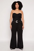 Womens Plus Size Faux Suede Western Buckle Fringe Jumpsuit, Black, Size 3X