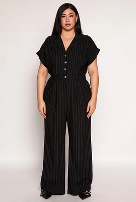 Womens Plus Pinstripe Wide Leg Jumpsuit, 2X