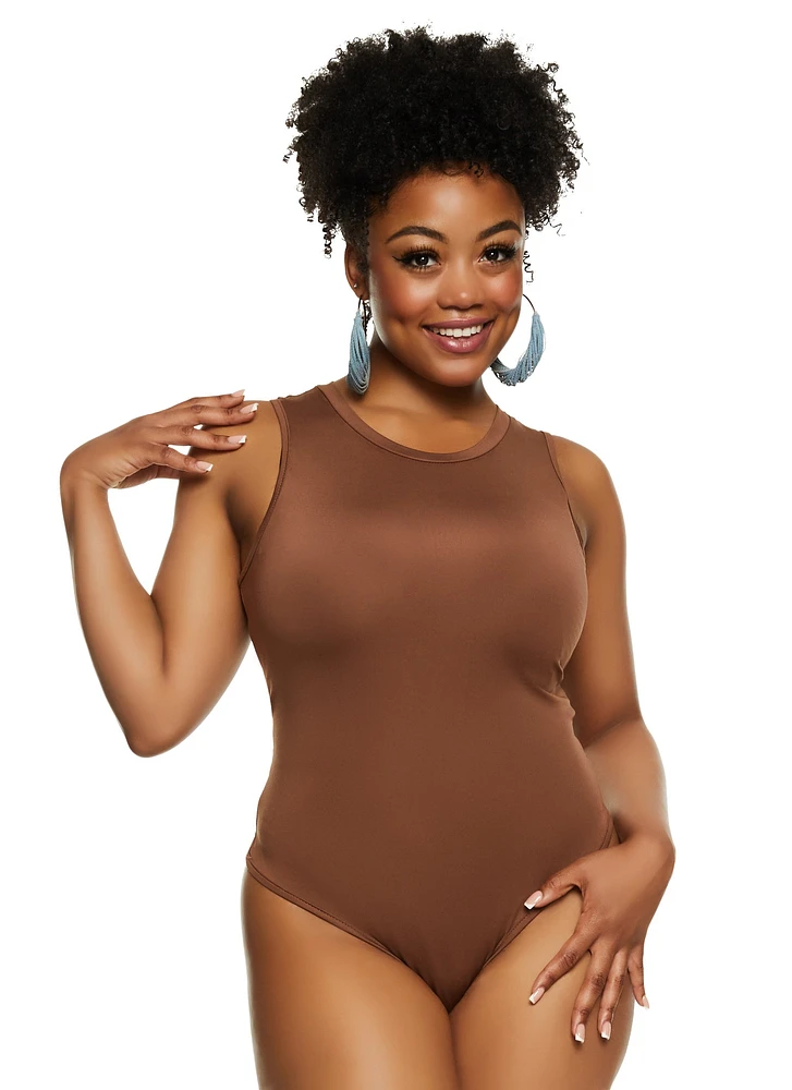 Womens Plus Size Daisy Tank Bodysuit, Brown, Size 2X