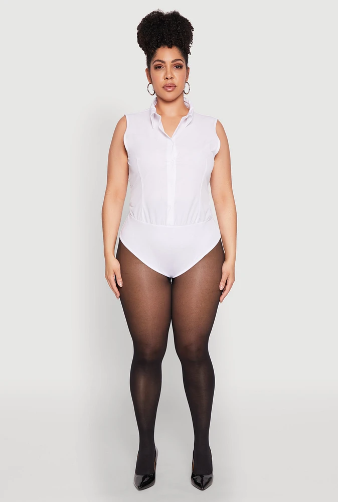 Womens Plus Size Daisy Sleeveless Button Front Bodysuit, White, Size 2X